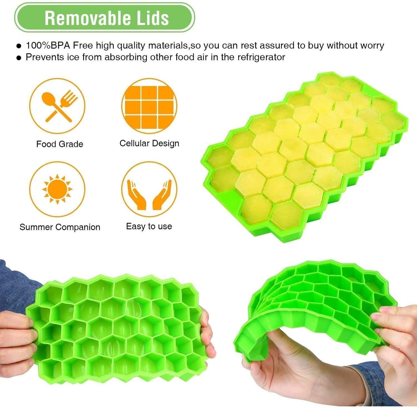Silicone Honeycomb Ice Cube Tray with Lid (37 Cavities)